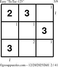 The grouppuzzles.com Easy TicTac-123 puzzle for Saturday December 20, 2025, suitable for printing, with all 2 steps marked