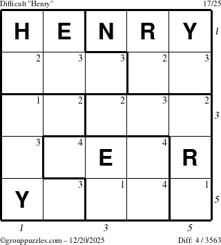 The grouppuzzles.com Difficult Henry puzzle for Saturday December 20, 2025 with all 4 steps marked