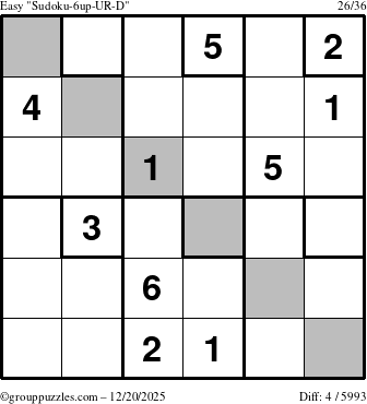 The grouppuzzles.com Easy Sudoku-6up-UR-D puzzle for Saturday December 20, 2025