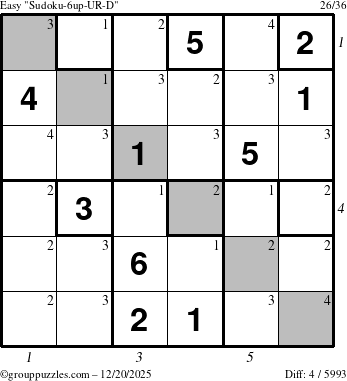 The grouppuzzles.com Easy Sudoku-6up-UR-D puzzle for Saturday December 20, 2025, suitable for printing, with all 4 steps marked
