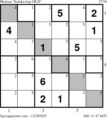The grouppuzzles.com Medium Sudoku-6up-UR-D puzzle for Saturday December 20, 2025, suitable for printing, with all 6 steps marked