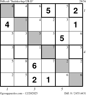 The grouppuzzles.com Difficult Sudoku-6up-UR-D puzzle for Saturday December 20, 2025 with all 8 steps marked