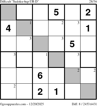 The grouppuzzles.com Difficult Sudoku-6up-UR-D puzzle for Saturday December 20, 2025 with the first 3 steps marked