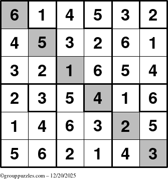 The grouppuzzles.com Answer grid for the Sudoku-6up-UR-D puzzle for Saturday December 20, 2025