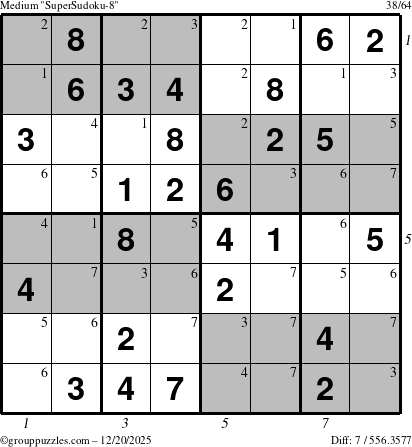 The grouppuzzles.com Medium SuperSudoku-8 puzzle for Saturday December 20, 2025 with all 7 steps marked