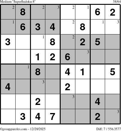 The grouppuzzles.com Medium SuperSudoku-8 puzzle for Saturday December 20, 2025 with the first 3 steps marked