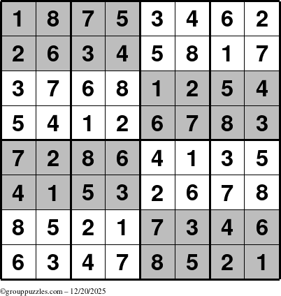 The grouppuzzles.com Answer grid for the SuperSudoku-8 puzzle for Saturday December 20, 2025
