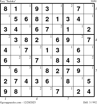 The grouppuzzles.com Easy Sudoku puzzle for Saturday December 20, 2025 with all 3 steps marked