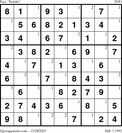 The grouppuzzles.com Easy Sudoku puzzle for Saturday December 20, 2025 with the first 3 steps marked