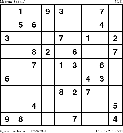 The grouppuzzles.com Medium Sudoku puzzle for Saturday December 20, 2025