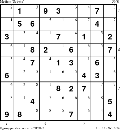 The grouppuzzles.com Medium Sudoku puzzle for Saturday December 20, 2025, suitable for printing, with all 8 steps marked