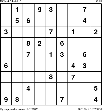 The grouppuzzles.com Difficult Sudoku puzzle for Saturday December 20, 2025