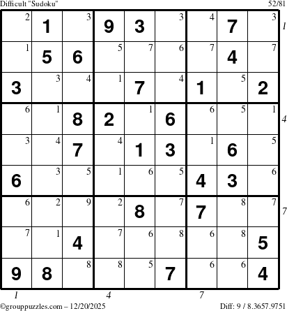 The grouppuzzles.com Difficult Sudoku puzzle for Saturday December 20, 2025, suitable for printing, with all 9 steps marked