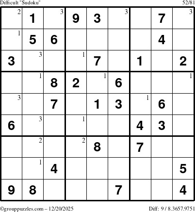 The grouppuzzles.com Difficult Sudoku puzzle for Saturday December 20, 2025 with the first 3 steps marked