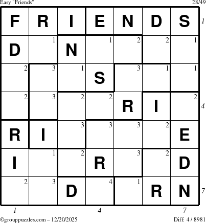 The grouppuzzles.com Easy Friends puzzle for Saturday December 20, 2025 with all 4 steps marked