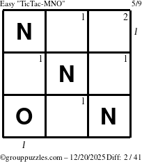 The grouppuzzles.com Easy TicTac-MNO puzzle for Saturday December 20, 2025, suitable for printing, with all 2 steps marked