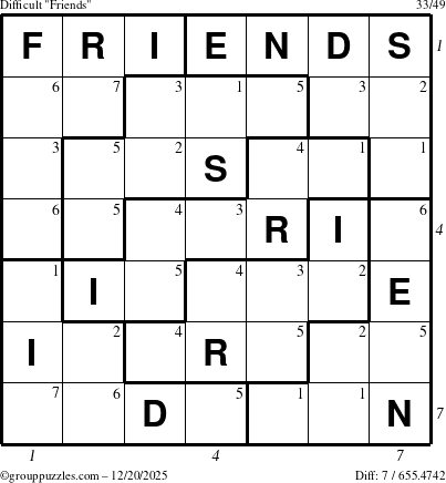 The grouppuzzles.com Difficult Friends puzzle for Saturday December 20, 2025, suitable for printing, with all 7 steps marked