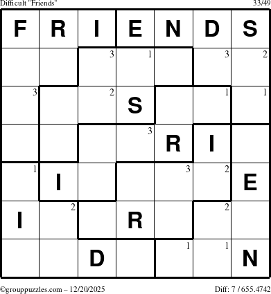 The grouppuzzles.com Difficult Friends puzzle for Saturday December 20, 2025 with the first 3 steps marked