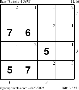 The grouppuzzles.com Easy Sudoku-4-5678 puzzle for Monday June 23, 2025 with all 3 steps marked