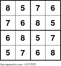 The grouppuzzles.com Answer grid for the Sudoku-4-5678 puzzle for Monday June 23, 2025