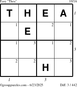 The grouppuzzles.com Easy Thea puzzle for Monday June 23, 2025 with all 3 steps marked