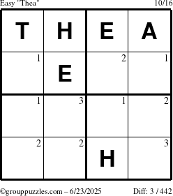 The grouppuzzles.com Easy Thea puzzle for Monday June 23, 2025 with the first 3 steps marked