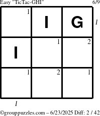 The grouppuzzles.com Easy TicTac-GHI puzzle for Monday June 23, 2025 with all 2 steps marked