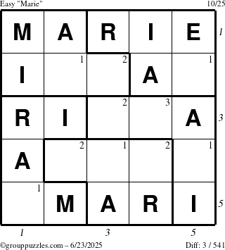 The grouppuzzles.com Easy Marie puzzle for Monday June 23, 2025 with all 3 steps marked