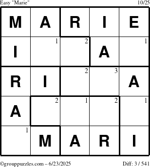The grouppuzzles.com Easy Marie puzzle for Monday June 23, 2025 with the first 3 steps marked