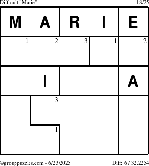The grouppuzzles.com Difficult Marie puzzle for Monday June 23, 2025 with the first 3 steps marked
