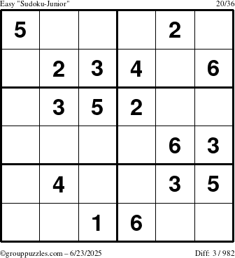 The grouppuzzles.com Easy Sudoku-Junior puzzle for Monday June 23, 2025