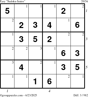 The grouppuzzles.com Easy Sudoku-Junior puzzle for Monday June 23, 2025 with all 3 steps marked