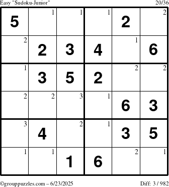 The grouppuzzles.com Easy Sudoku-Junior puzzle for Monday June 23, 2025 with the first 3 steps marked