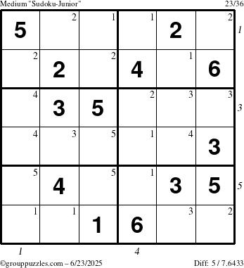 The grouppuzzles.com Medium Sudoku-Junior puzzle for Monday June 23, 2025 with all 5 steps marked