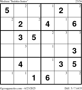 The grouppuzzles.com Medium Sudoku-Junior puzzle for Monday June 23, 2025 with the first 3 steps marked