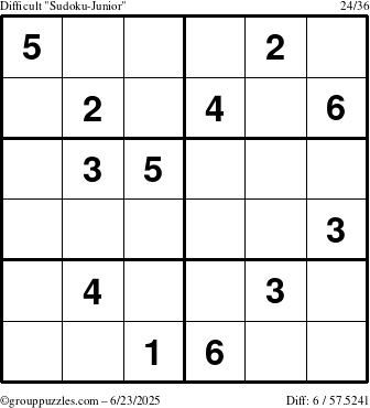 The grouppuzzles.com Difficult Sudoku-Junior puzzle for Monday June 23, 2025
