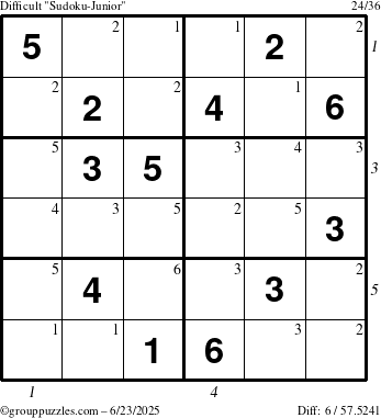 The grouppuzzles.com Difficult Sudoku-Junior puzzle for Monday June 23, 2025 with all 6 steps marked