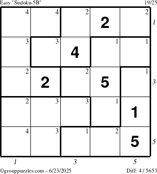 The grouppuzzles.com Easy Sudoku-5B puzzle for Monday June 23, 2025 with all 4 steps marked