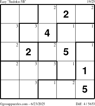 The grouppuzzles.com Easy Sudoku-5B puzzle for Monday June 23, 2025 with the first 3 steps marked