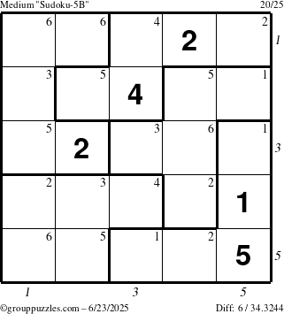 The grouppuzzles.com Medium Sudoku-5B puzzle for Monday June 23, 2025, suitable for printing, with all 6 steps marked