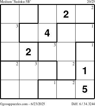 The grouppuzzles.com Medium Sudoku-5B puzzle for Monday June 23, 2025 with the first 3 steps marked