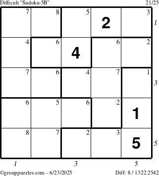 The grouppuzzles.com Difficult Sudoku-5B puzzle for Monday June 23, 2025 with all 8 steps marked