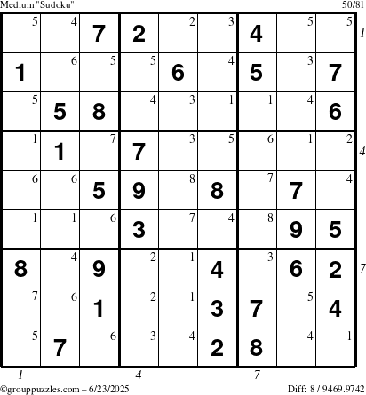 The grouppuzzles.com Medium Sudoku puzzle for Monday June 23, 2025 with all 8 steps marked