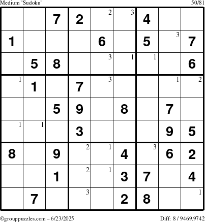 The grouppuzzles.com Medium Sudoku puzzle for Monday June 23, 2025 with the first 3 steps marked