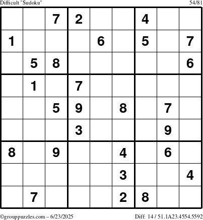 The grouppuzzles.com Difficult Sudoku puzzle for Monday June 23, 2025