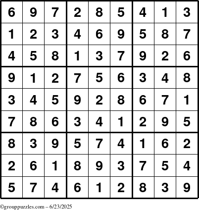 The grouppuzzles.com Answer grid for the Sudoku puzzle for Monday June 23, 2025