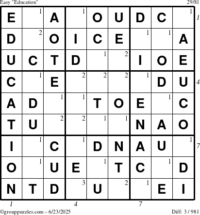 The grouppuzzles.com Easy Education-c1 puzzle for Monday June 23, 2025 with all 3 steps marked