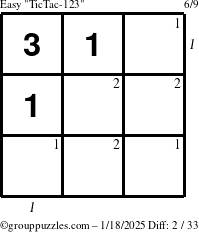 The grouppuzzles.com Easy TicTac-123 puzzle for Saturday January 18, 2025 with all 2 steps marked