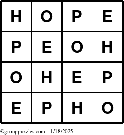 The grouppuzzles.com Answer grid for the Hope puzzle for Saturday January 18, 2025