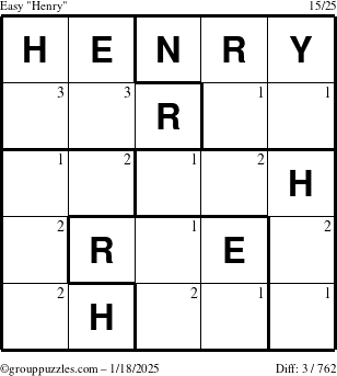 The grouppuzzles.com Easy Henry puzzle for Saturday January 18, 2025 with the first 3 steps marked